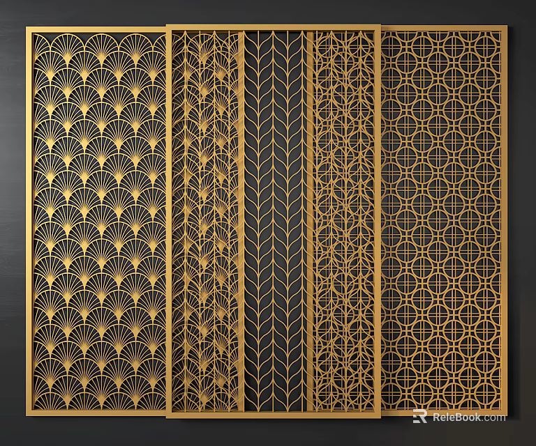 Elegant Room Dividers With Intricate Golden Patterns And Black Background 3d model 