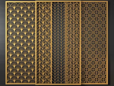 Elegant Room Dividers With Intricate Golden Patterns And Black Background 3d model