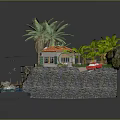 Waterfront Houses With Orange Roofs Palm Trees Wooden Bridge Dock Small Boat And Waves