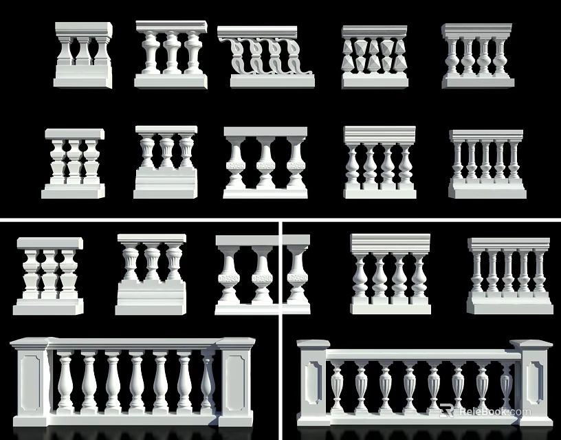 Elegant White Decorative Railing Collection With Multiple Baluster And Panel Styles 3d model 