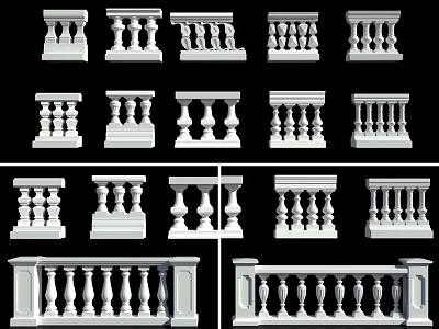 Elegant White Decorative Railing Collection With Multiple Baluster And Panel Styles 3d model