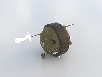 Green Tire Shaped Weapon Featuring Face Like Design Small Wheels Flame Emitting And Metal Rods 3d model