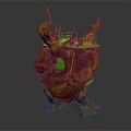 Nature Inspired Wooden Creature Character With Green Moss Orange Accents Horn Protrusions And Rooted Base