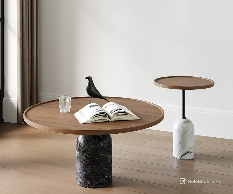 Wooden Top Coffee Tables Featuring Black White Marble Bases Open Book Glass Cup Bird Figurine 3d model 