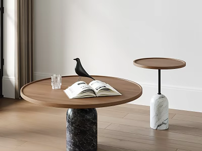Wooden Top Coffee Tables Featuring Black White Marble Bases Open Book Glass Cup Bird Figurine 3d model