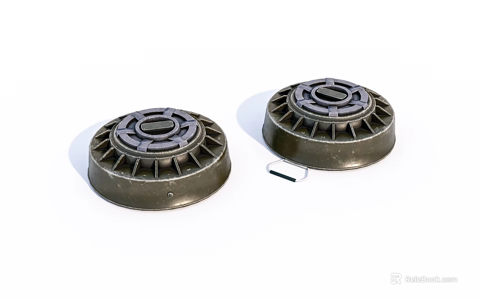 Two Metal Circular Weapon Components With Central Holes Gear Like Structure And Small Metal Piece 3d model 