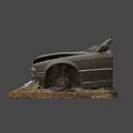 Abandoned Damaged Old Car With Rusty Front Bumper In Hay And Snow