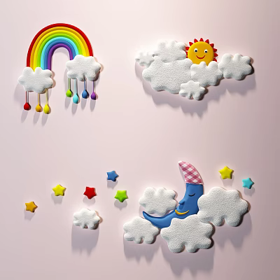 Cute Wall Decor with Rainbow Clouds Sun Moon and Colorful Stars 3d model