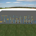 Outdoor Sports Equipment Various Fitness Gear Blue and Yellow on Gray Ground with Green Grass