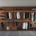 Wooden Walk in Closet Design With Hanging Shirts Coats And Storage Shelves