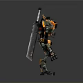 Futuristic Mechanical Robot Character With Yellow Black Armor Holding Sword In Standing Stance