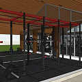 Modern Fitness Gym Interior With Glass Walls Wooden Ceiling And Workout Equipment