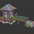 Cartoon Scene Featuring Blue Roof Pavilion With Wooden Bridge And White Stone Steps