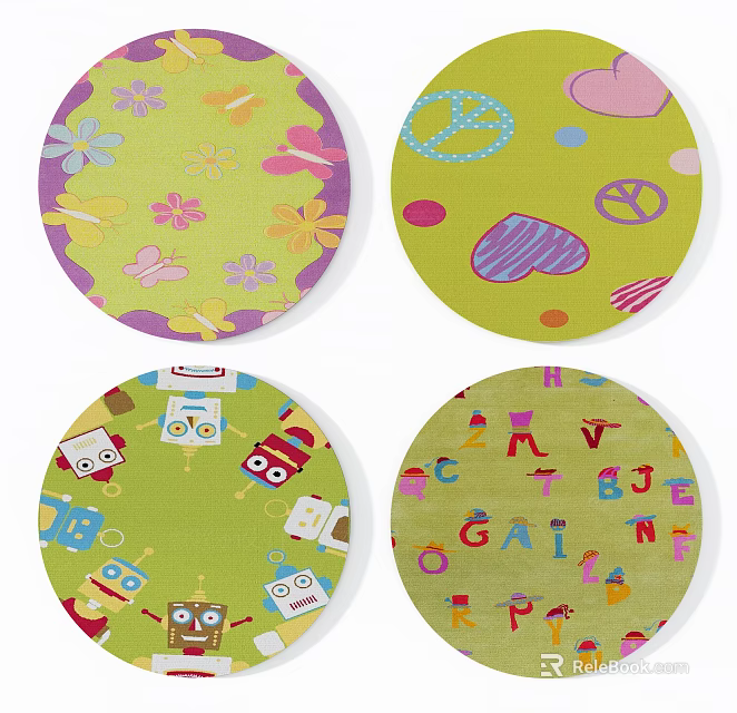 Colorful Round Rugs with Flowers Butterflies Peace Signs Hearts Robots and Letters Patterns 3d model 