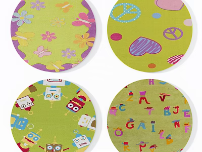 Colorful Round Rugs with Flowers Butterflies Peace Signs Hearts Robots and Letters Patterns 3d model