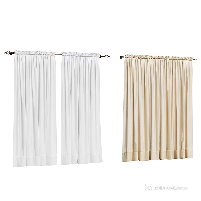 Elegant White And Beige Curtains For Home Decor With Curtain Rod 3d model 