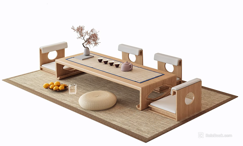 Wooden Tea Table and Chairs Set with Flower Vase Fruits Cushion and Woven Rug 3d model 