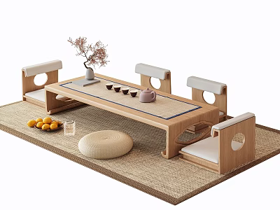 Wooden Tea Table and Chairs Set with Flower Vase Fruits Cushion and Woven Rug 3d model