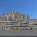 Modern Commercial Street With Multi Storey Buildings Glass Facades Pedestrians Balloons And Trees