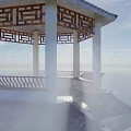 Scenic Pavilion With Blue Roof And White Pillars Over Calm Water Under Cloudy Sky