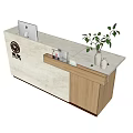 Modern Reception Desk With White And Wooden Finish Mac Computer White Vase And Green Plant