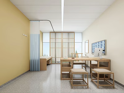 Modern Hospital Outpatient Clinic Interior With Yellow Walls Blue Curtains Wooden Lattice Partitions And Windows 3d model