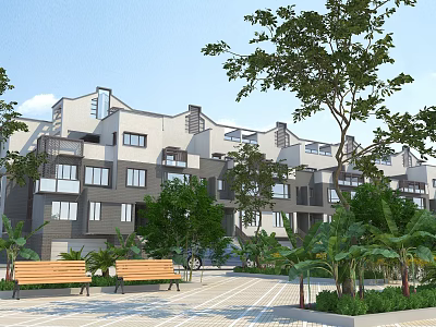 Modern Townhouse Exterior With Lush Trees Palm Plants And Courtyard Benches 3d model