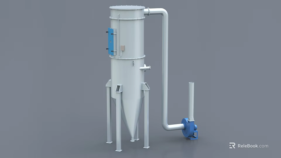 Industrial Equipment Featuring Cylindrical White Body Blue Components Conical Bottom And Connecting Pipe 3d model 