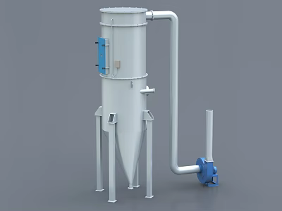 Industrial Equipment Featuring Cylindrical White Body Blue Components Conical Bottom And Connecting Pipe 3d model