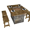 Wooden Dining Table Set With Circular Fire Pit And Brick Base Bench Seats 3d model