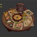 Traditional Japanese Cuisine Assorted Sushi Sashimi on Circular Tray with Teapot and Chopsticks