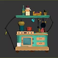 Commercial Toy Kitchen Equipment with Turquoise Design Shelf Cooking Utensils and Storage Cabinets