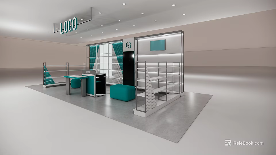 Modern LOLO Store With Glass Walls Display Shelves Counter Green Seats And White Green Tones 3d model 