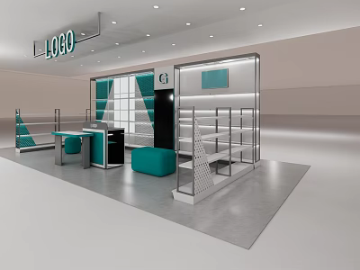 Modern LOLO Store With Glass Walls Display Shelves Counter Green Seats And White Green Tones 3d model