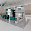Modern LOLO Store With Glass Walls Display Shelves Counter Green Seats And White Green Tones