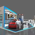 Exhibition Booth Displaying Red White Blue Cars With Staff In Auto Show Area