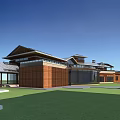 Hotel Building Aerial View With Connected Structures Sloped Roofs Green Lawns And Water Body
