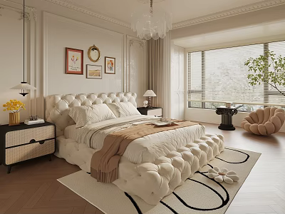 Elegant Bedroom Interior Featuring White Tufted Bed Decorative Paintings Nightstands Soft Rug And Chandelier Blinds 3d model
