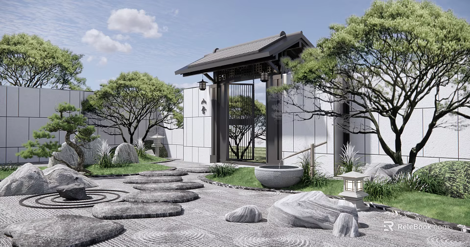 Karesansui Dry Landscape Garden With Stepping Stones Raked Gravel Stone Lantern Basin And Traditional Gate 3d model 
