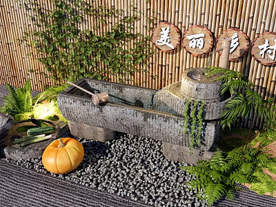 Rural Style Garden Ornament with Stone Structure Pumpkin Vegetables Green Plants Bamboo Background and Pebble Ground 3d model