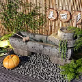 Rural Style Garden Ornament with Stone Structure Pumpkin Vegetables Green Plants Bamboo Background and Pebble Ground