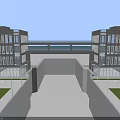 Water Gate Structure With Symmetric Buildings Connecting Bridge Lawn And Street Lamps