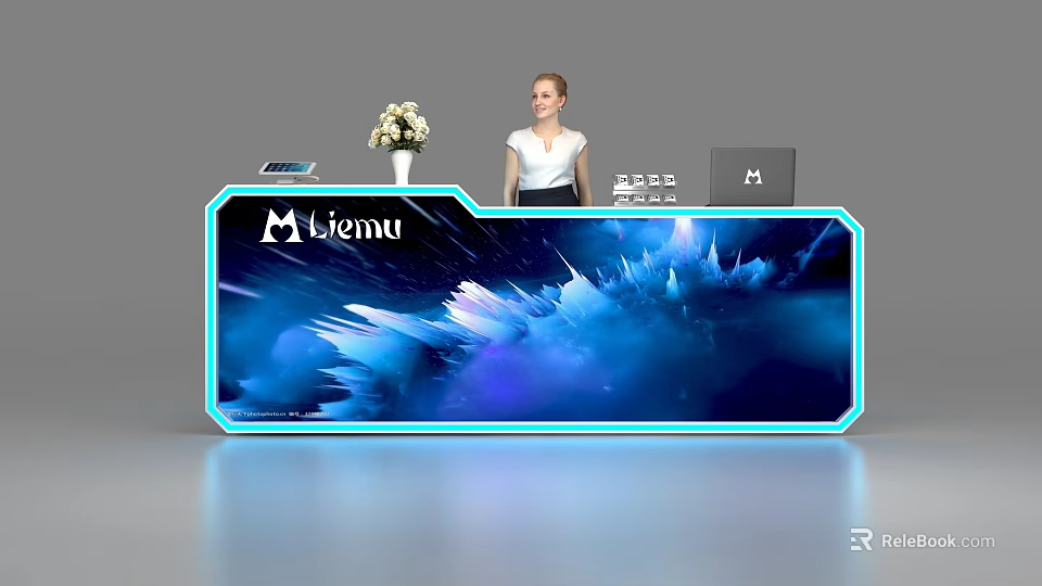 Modern Reception Desk Design With Mvienu Logo Blue LED Lights And Flower Vase 3d model 