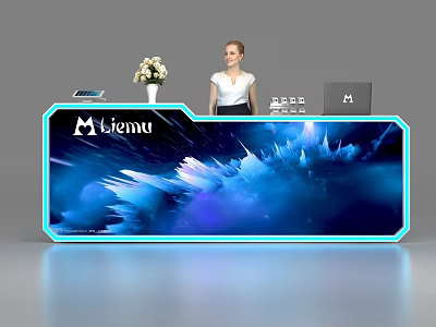 Modern Reception Desk Design With Mvienu Logo Blue LED Lights And Flower Vase 3d model