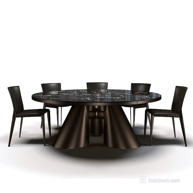 Round Marble Top Dining Table With Modern Black Chairs And Unique Base Design 3d model 
