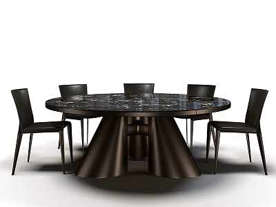 Round Marble Top Dining Table With Modern Black Chairs And Unique Base Design 3d model