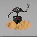 3D Robot Character with Metallic Structure Glowing Eyes and Mechanical Arms on Sandy Base 3d model