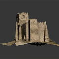 Cartoon Castle Scene Featuring Stone Built Towers Thick Walls And Sandy Base With Vegetation