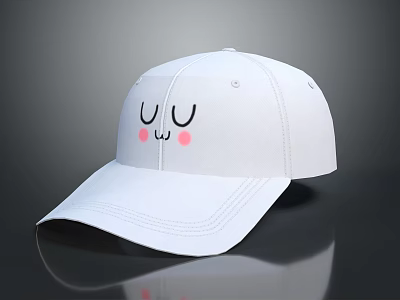 White Baseball Cap with Cartoon Smiley Face Closed Eyes and Pink Blush 3d model
