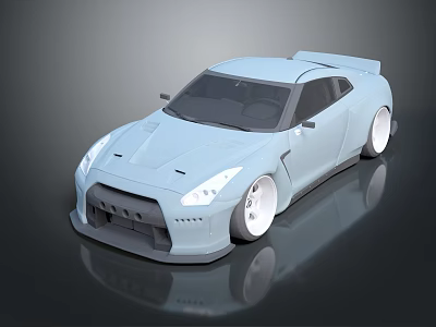 Light Blue Sports Car With Sleek Design Large Rear Spoiler And White Wheels 3d model